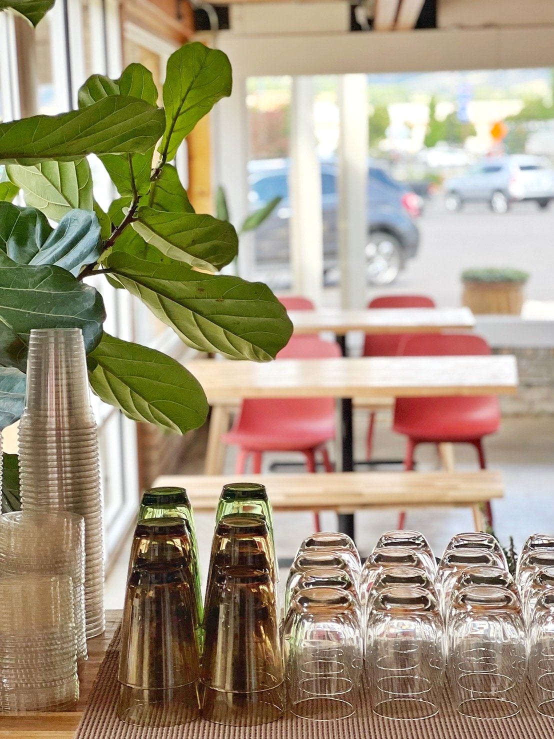 Stacked glasses and a plant on the counter, with seating in the background